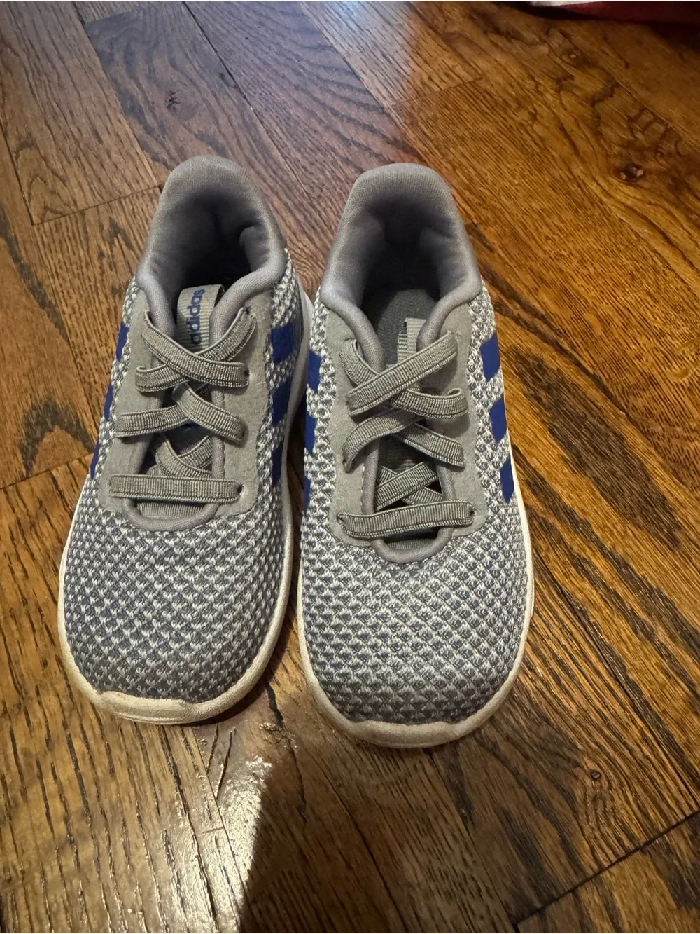adidas Kids Gray Knit Sneakers with Blue Stripes